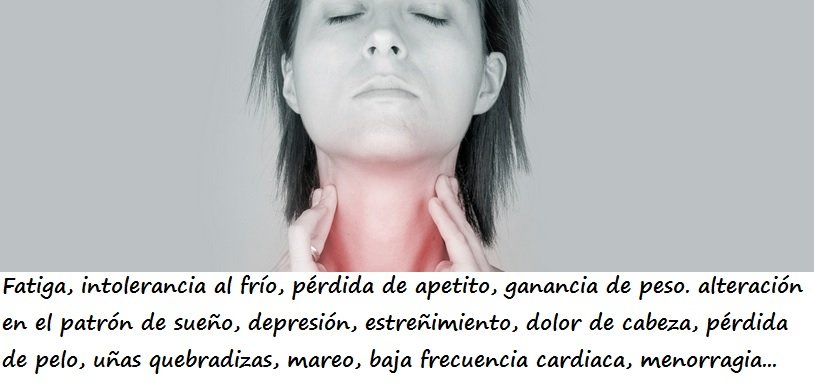 Arriba: Dibujo de mujer palpándose el cuello. Abajo: Descripción síntomas de hipotiroidismo